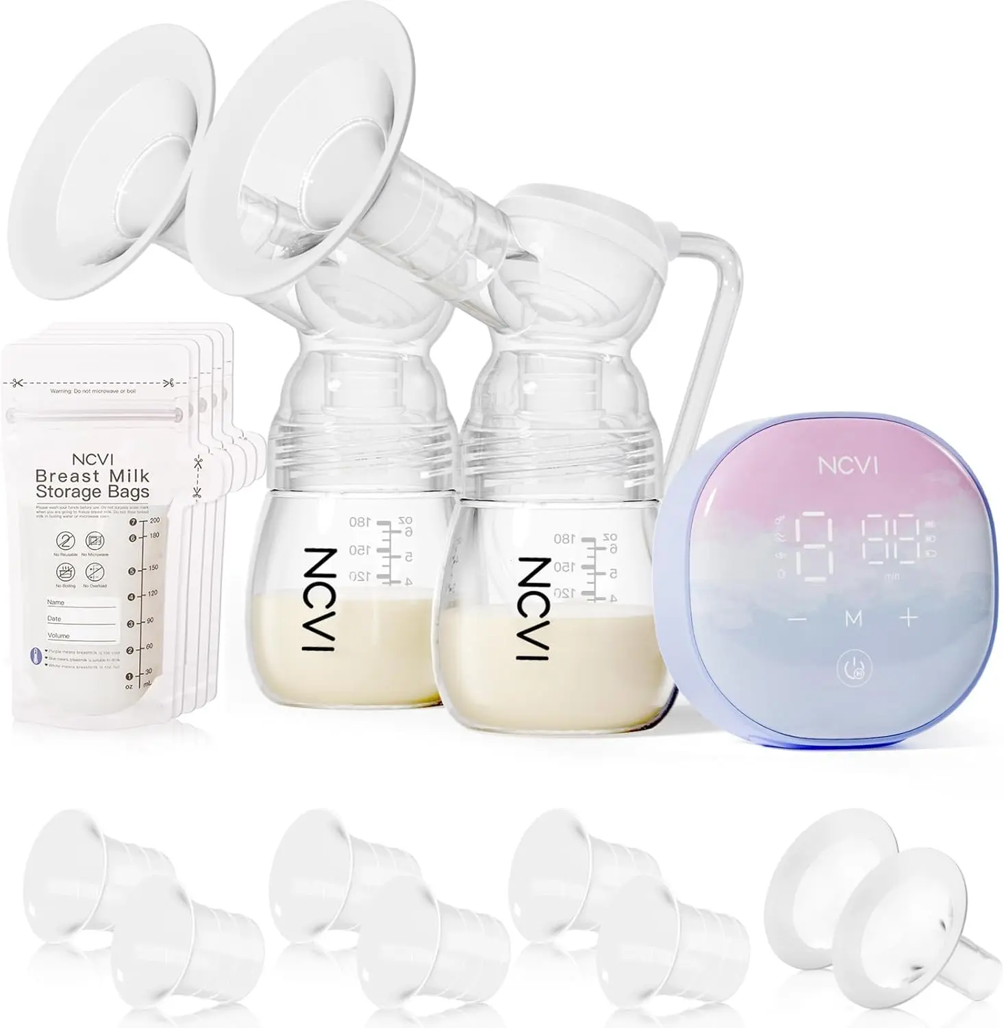 NCVI 8122 Double Electric Breast Pump, Portable Hospital-Grade 280mmHg Suction, 4 Modes & 9 Adjustable Levels, Comes with 17/19/21/24mm Flanges, USB Rechargeable, Ideal for Home, Office & Travel Breastfeeding