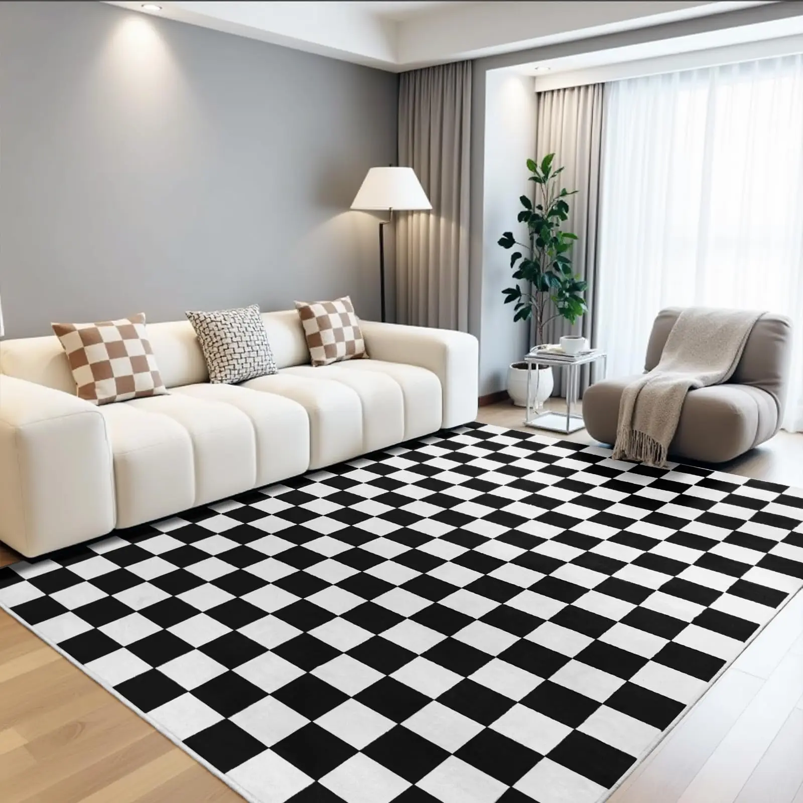 Black and White Checkered Rug,Modern Classic Milk Velvet Rug for Living Room Bedroom, Soft Machine Washable Area Rug with Non Slip, Low Pile Stain Resistance Carpet for Kids Room Entryway Kitchen Dorm,Non-Slip TPR Backing,2x6feet,4x6feet,5x7feet,6x9feet