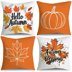 4pcs Autumn Blessings Hello Autumn Throw Pillow Covers Orange & White Maple Leaves Pumpkin Fall Farmhouse Thanksgiving Day Decorative Cushion Case for Bedroom Sofa Couch, Single-sided Printing Without Pillow Core
