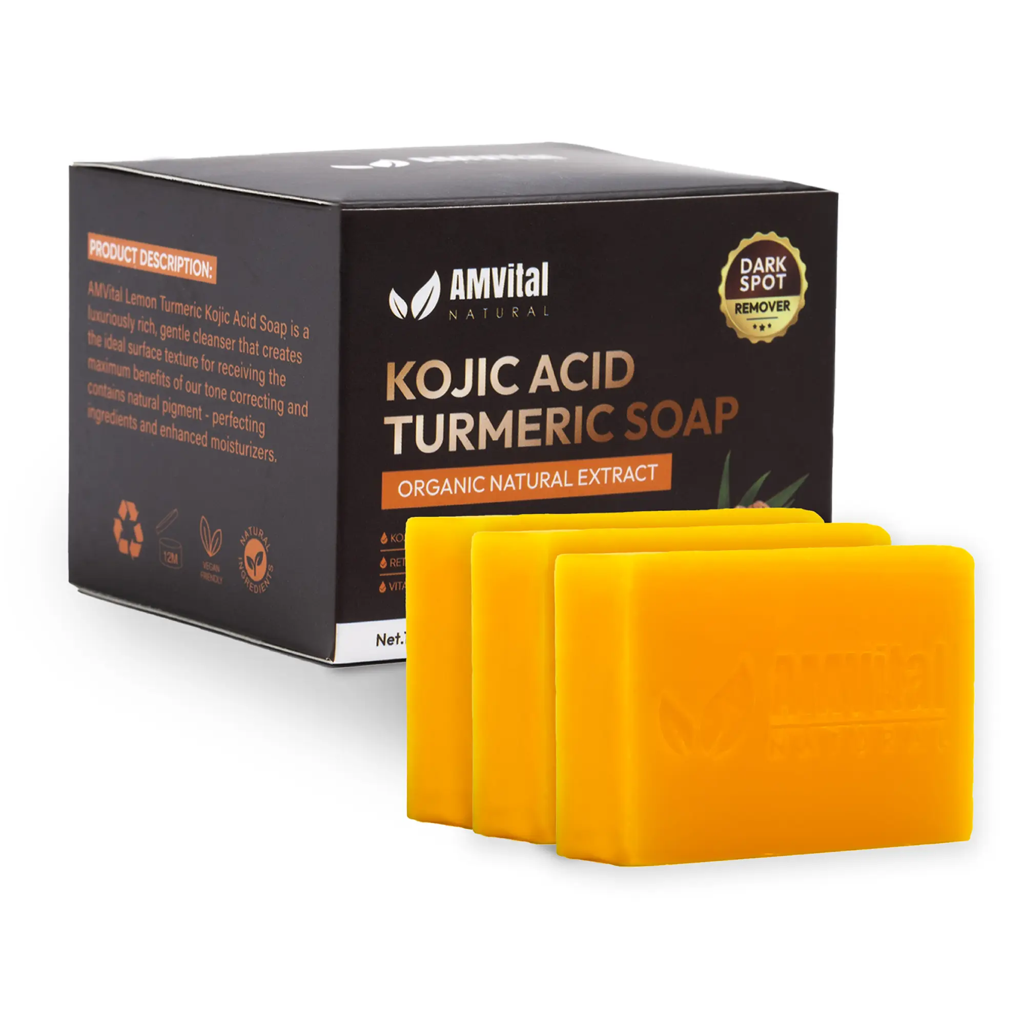 AMVital Turmeric Kojic Acid Soap Bar, Daily Body Care for Radiant Skin, Gentle Brightening Formula for Face & Body, 3-Pack Gift Set, 100g