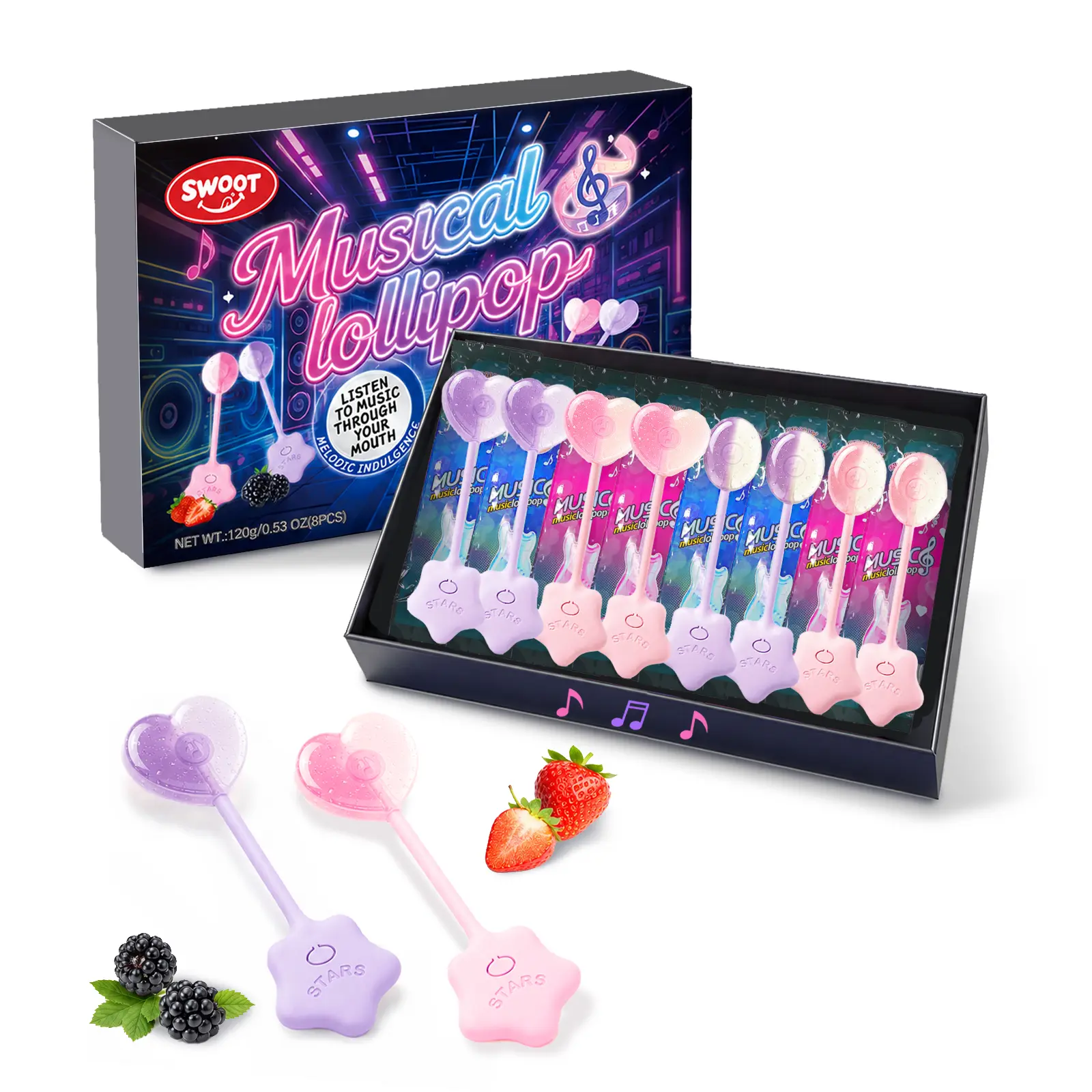 SWOOT Audio Music Lollipop Candy Suckers - TastySounds Hip Hop Singing Lollipops, Assorted Fruit Flavors, Sugar-Free, Low-Calorie, GMO-Free Snack, 8-Piece Gift Box, Camping Essentials, Gift Boxes, 8 Pieces
