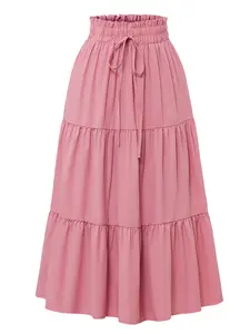 Boho High-Waisted Fishtail Skirt, Plain Color A-Line Midi Dress, Layered Ruffle Hem, Casual Long Skirt for All Seasons