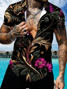 Men's Tropical Floral Print Short Sleeve Collared Shirt, Summer Casual Vacation Style Cardigan Top