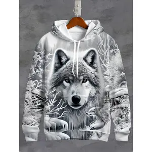 Men's Wolf Print Hoodie - Casual Polyester Knitted Top, Autumn/Winter Regular Edition Animal Pattern Hoodie