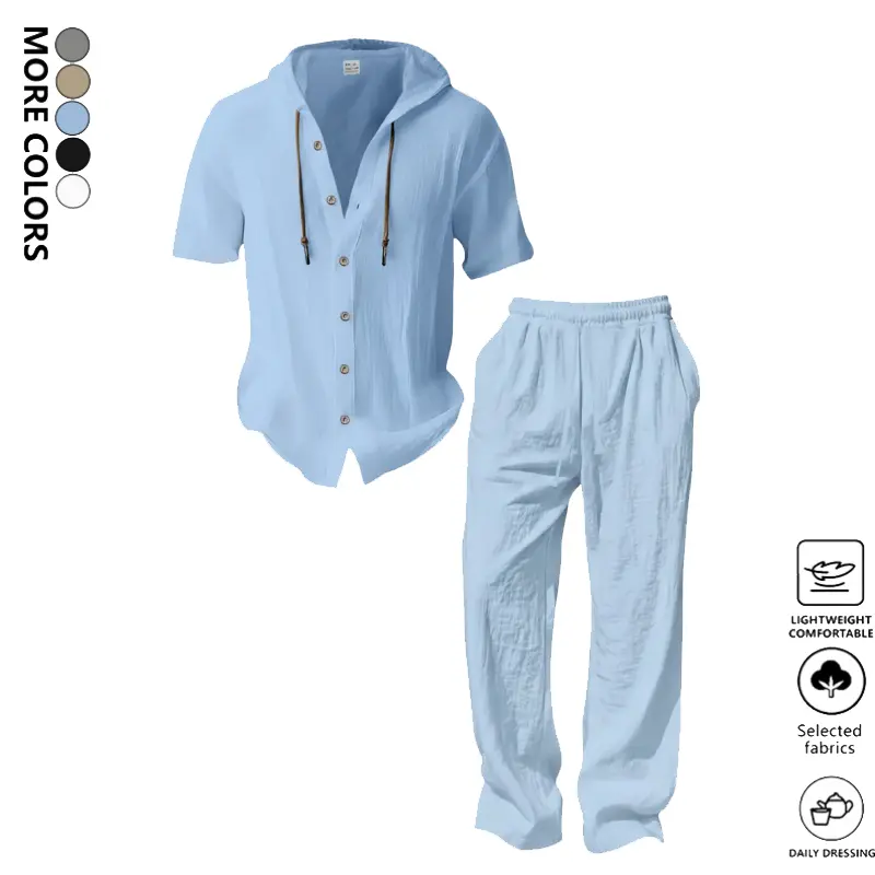 Men's Summer Beach 2 Piece Outfit, Short Sleeve Shirt & Straight Leg Pants Set, Drawstring Hooded Design, Lightweight Breathable Linen Fabric for Vacation & Daily Casual Wear