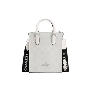 Coach Classic Monogram Canvas Tote Bag with Hardware Clasp Closure for Women, Mini Style in White