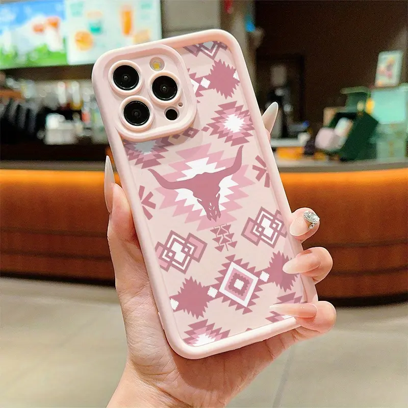 High Bamboo Pink Western Cow Bone Geometric Pattern Phone cases Case Compatible with iPhone 17 Pro Max 16 16e 15 14 Plus 13 12 Mini 11 Air X XS Pattern TPU Lens Protection Durable Soft Cover Valentine's Day Gift 2D printing