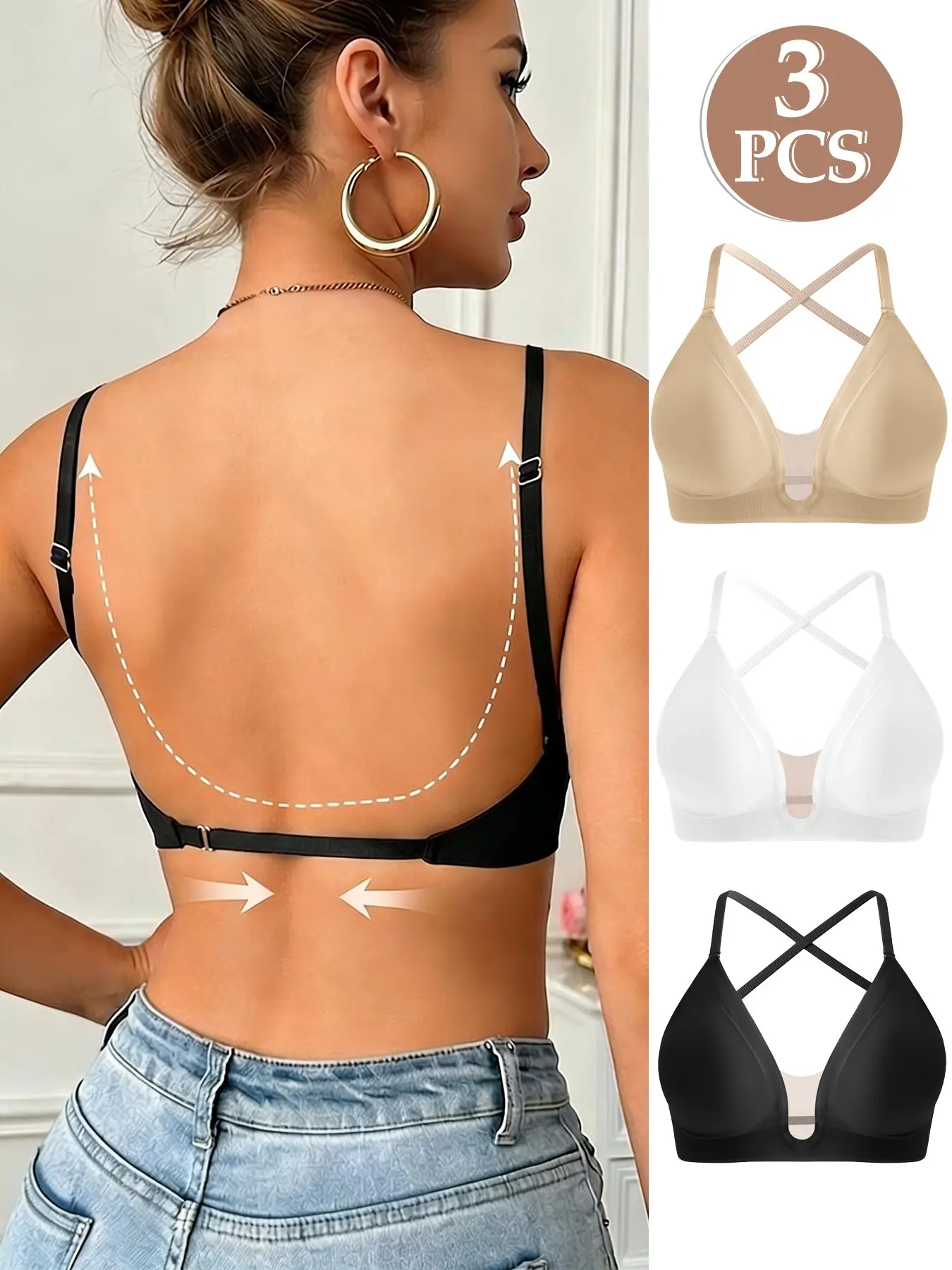 3Pcs 3Ways Wear Women's Underwear Seamless Mesh Splicing Wireless Backless Bra Set, Everyday Basic Casual Fitted Medium Support No Underwire Bras, All Seasons Wear, 3pcs Multiple Styles