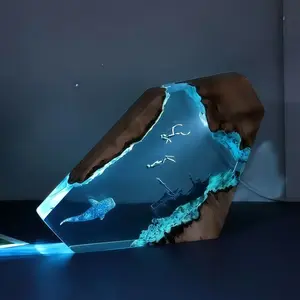 Viral Handmade Ocean Theme Resin Wood Lamp| Orca Whale & Diver Deep Sea Design| Dimmable LED Night Light| Unique Home Decor & Creative Gift