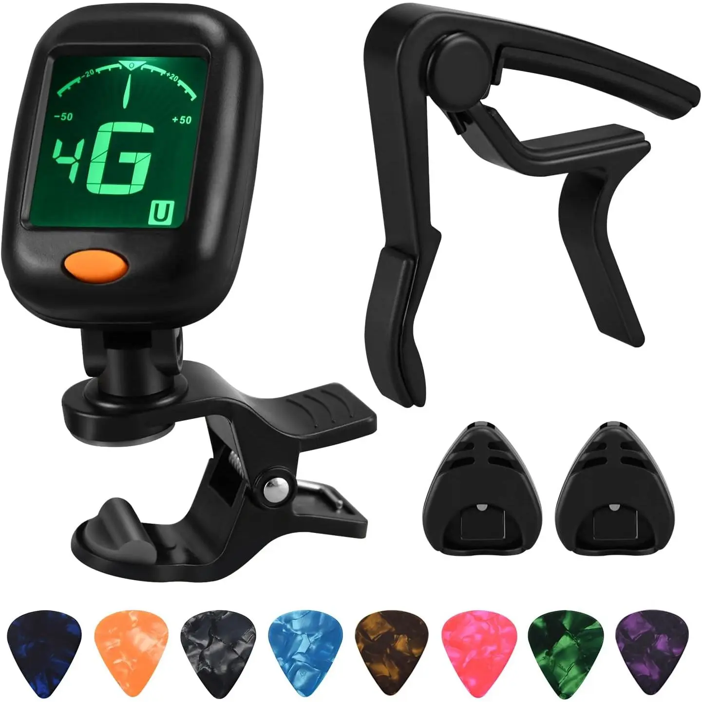 Guitar Capo & Tuner Set with Guitar Pick Holder - Durable Plastic Body, Accurate and Fast Tuning, Bright LED for Quick Read, Picks, 5 Modes, 3/4 Inch Thickness, Manufacturer Warranty (1 Set for Beginners), Medium Gauge