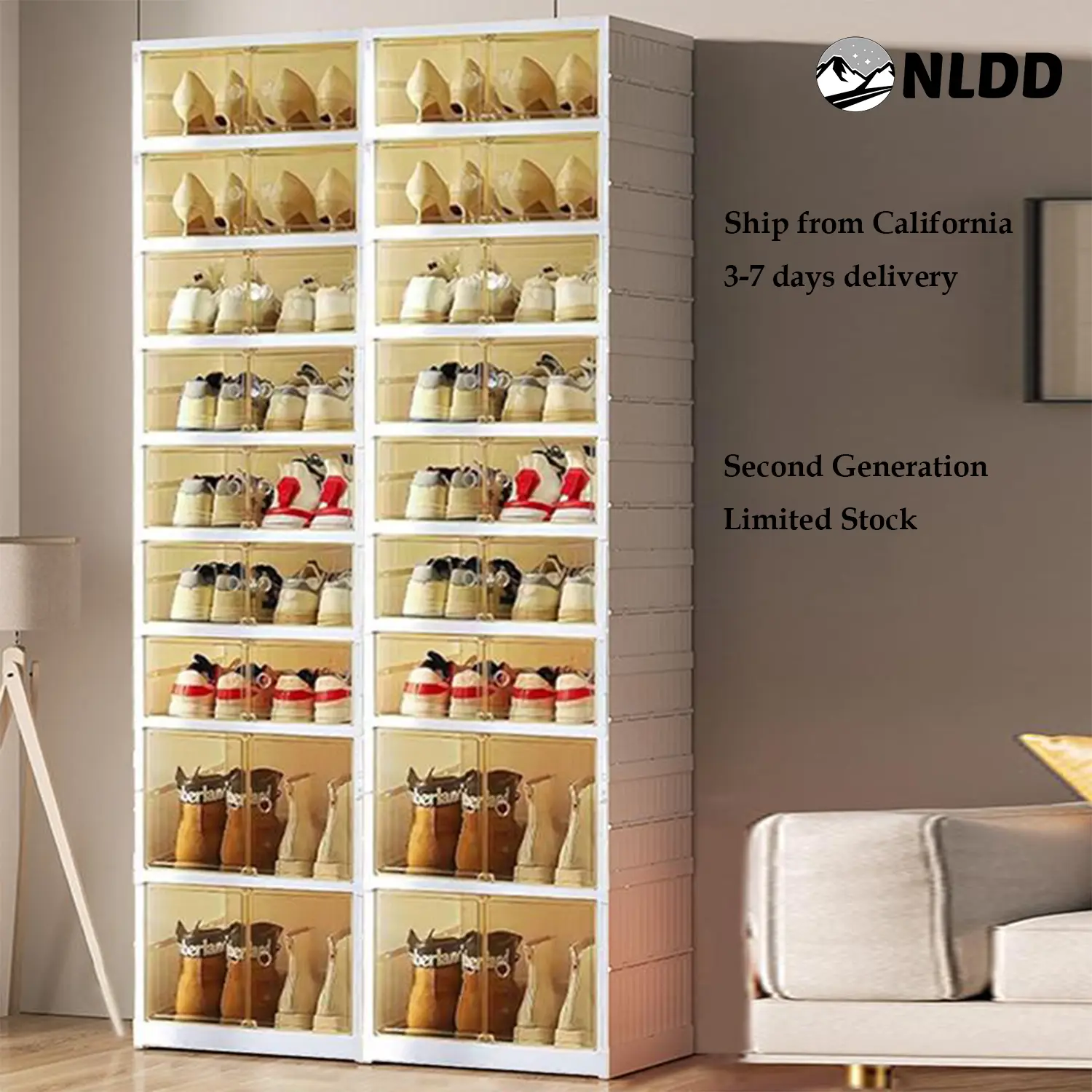 NLDD Expandable 9-Tier Shoe Rack with Clear Doors and Wheels: Collapsible Plastic Storage for 18 Pairs, Space Saving Cabinet for Bedroom Box Boxes, Shoe Box