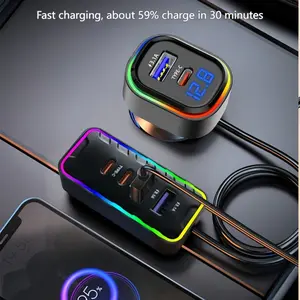 Multi-Function Ultra-Fast Charging Car Charger with Real-Time Digital Display 6 Ports 12-24V Universal for Cars Trucks Fast Charging 59% in 30 Minutes!Backseat Extension Hub  RGB LED Light  PD QC3.0 for iPhone Samsung Ultimate Type C Rechargeable
