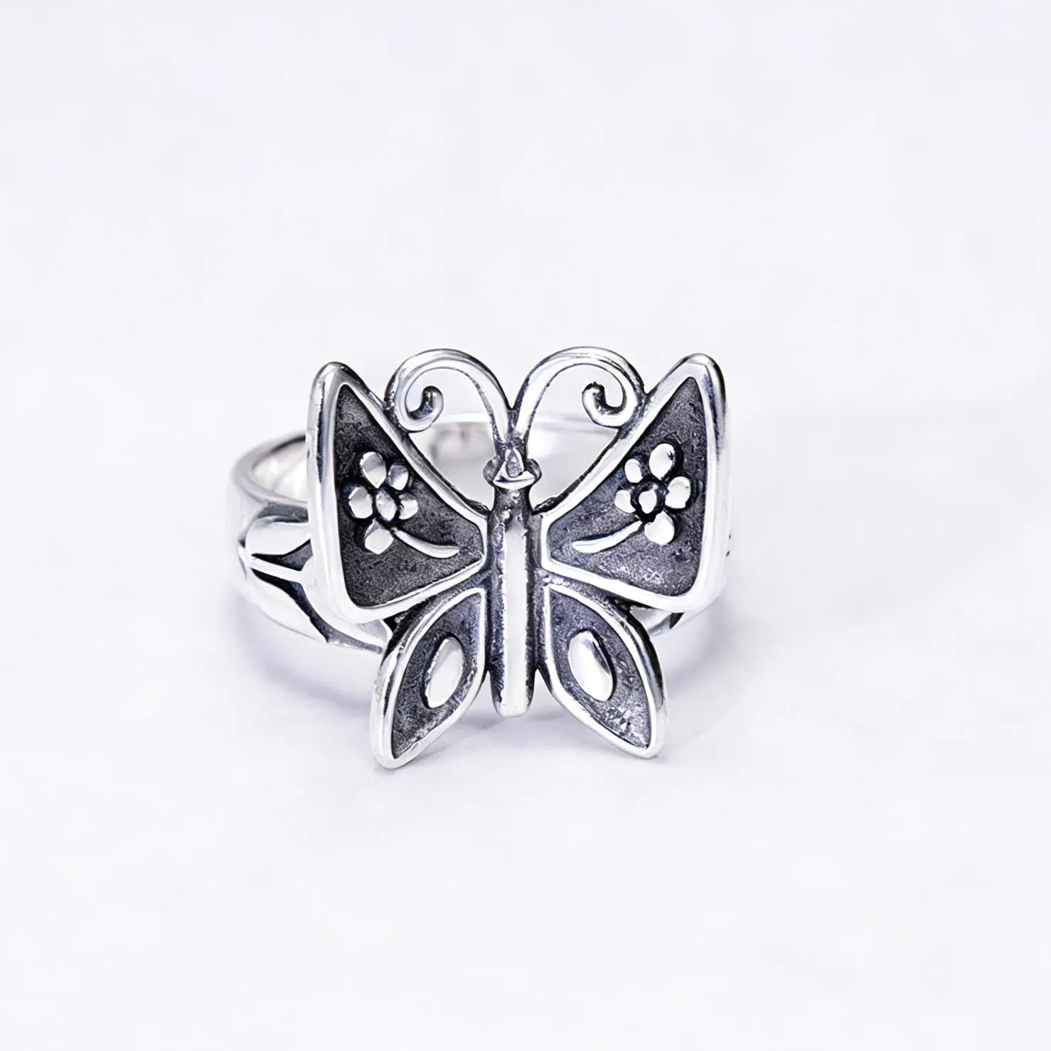 Vintage Butterfly Ring for Women, Boho Statement  Silver Plated Band with Peach Blossom Design, Unique Everyday Stacking Jewelry, Size 6-10, Rings For Women, Everday