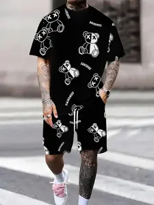 Men's Casual Streetwear Floral Print Set with Bear Graphic T-Shirt and Knee Length Shorts, Stylish and Comfortable Summer