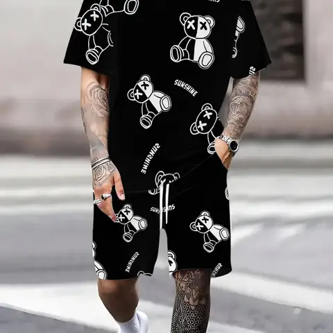 Men's Casual Streetwear Floral Print with Bear Graphic T-Shirt and Knee Length Shorts, Stylish and Comfortable Summer Menswear Clothing Sets