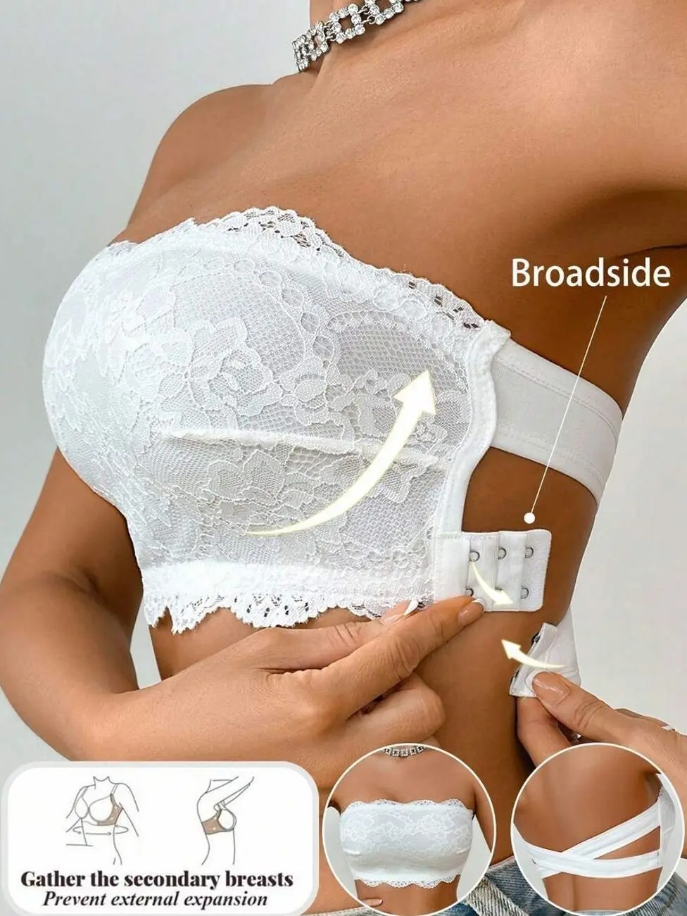 Strapless Lace Bandeau Bra With Side Closure Breathable Floral Wireless Tube Top For Daily Wear