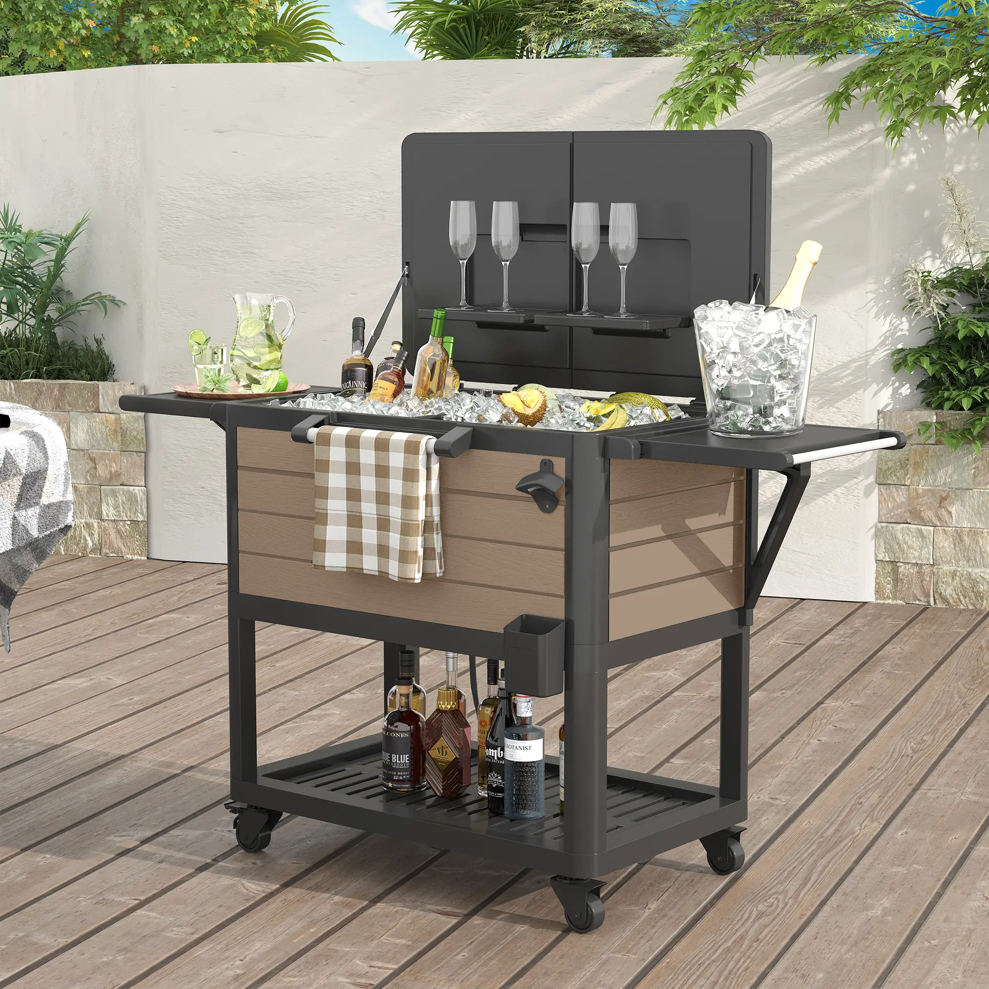 【Summer Finds】UDPATIO Outdoor Cooler Cart on Wheels (80 QT / 26 Gal), Patio Rolling Ice Chest & Drinks Bar Cart, Resin & Metal Portable Beverage Station with Bottle Opener & Shelf for Party, Backyard, BBQ