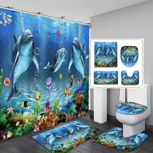 Dolphin Pattern Bathroom Decorations, 1 Set Including Shower Curtain & Toilet U-shape Mat & Bath Mat & Toilet Lid Cover, Bathroom Accessories for Home Decor, Shower Curtain Sets