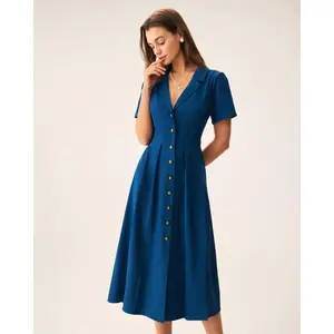 Rihoas Women's Blue V-Neck Waisted Pleated Button Shortsleeve Polyester Midi Dress - 1-Piece Casual Dress for Daily Wear