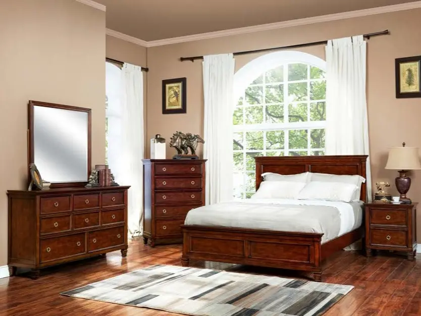 00-044C-4PC 4 pc Tamarack cherry finish wood paneled headboard accents queen bed set