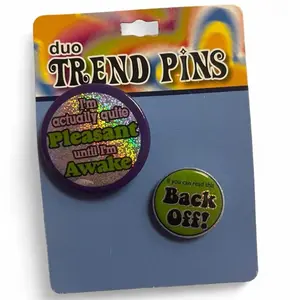 Early 2000s Button Pins | Mcbling Trashyy2k - I'm Actually Quite Pleasant Until I'm Awake & Back Off! - Fun Holographic and Green Lapel Pins for Stylish Statements