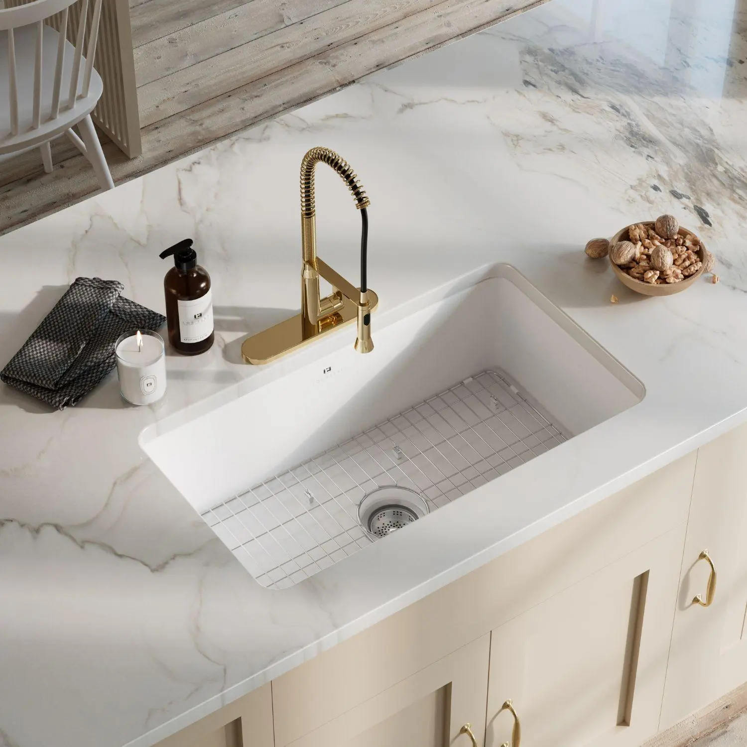 32 x 19 Inch White Fireclay Kitchen Sink, Drop-In or Undermount Kitchen Sink With Smooth Finish, Dual Mount Single Bowl Sink, Rectangular Design, Sloped Drainage, and Accessories Including Sink Grid and Drain Strainer