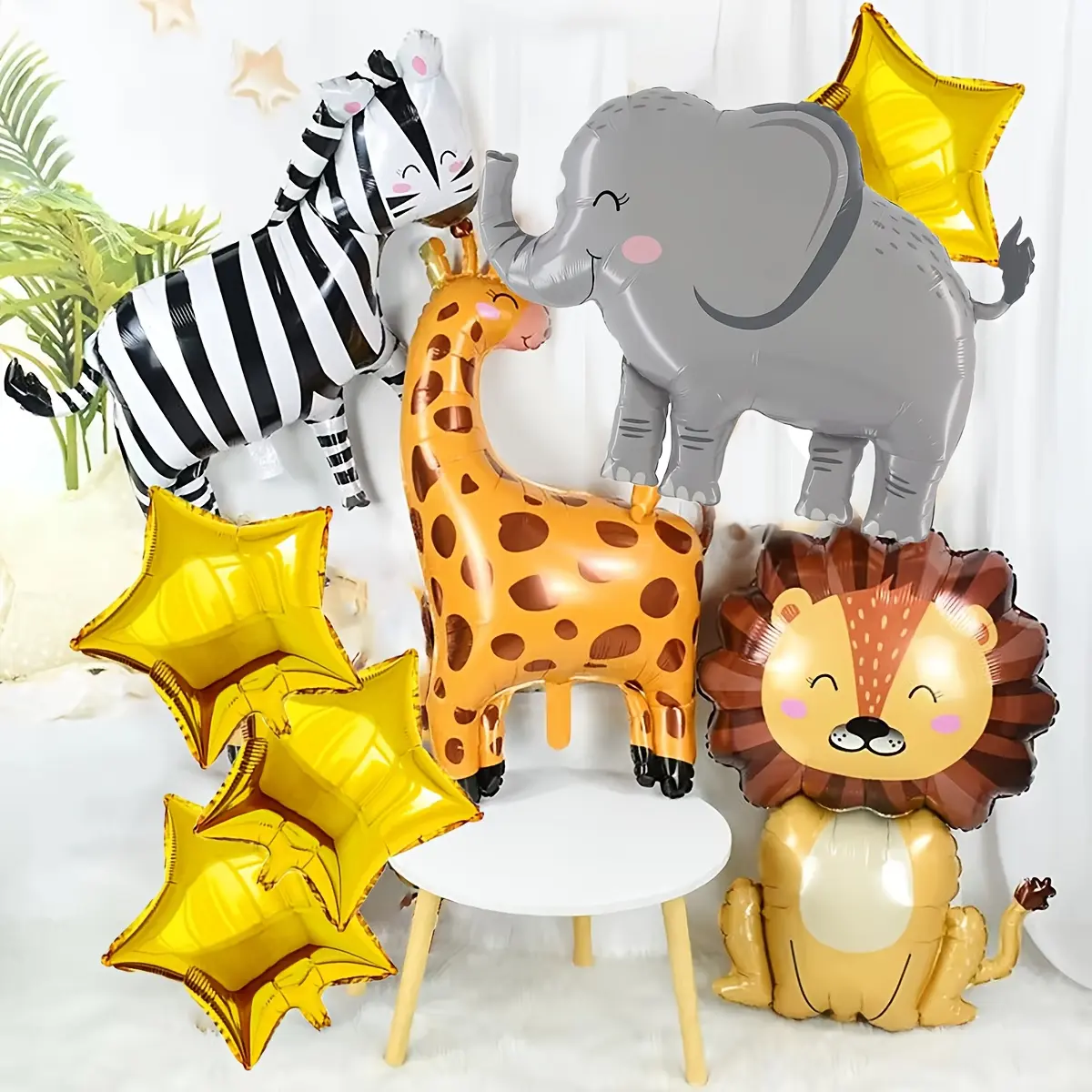 8-Piece Jungle Adventure Animal Balloon Decoration Set, Includes Zebra, Elephant, Giraffe, Lion Balloons, Gold Stars, Party Decorations