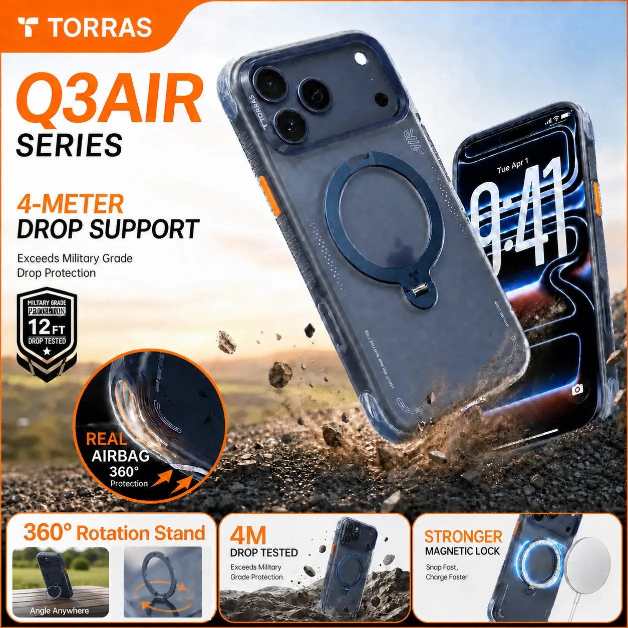 TORRAS Q3Air for iPhone 17/16/15 Pro Max Case with 360° Ring Stand & Airbag Protection 4-Meter Anti-Fall Shockproof Cover