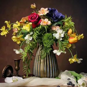 Artificial Faux Flowers in Vase, Silk Flower Arrangement Artificial Floral Centerpiece, Table Centerpieces for Dining Room Home Decor (Spring)