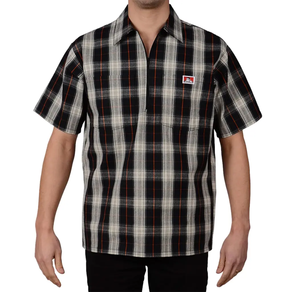 Ben Davis Men's Fitted Half-Zip Collared Neck Checked Menswear Top - Black & Cream Plaid, Cotton-Polyester Blend, Chest Pockets, Zipper Pencil Pouch, Stylish Casual Use, Machine Washable, Shortsleeve, Fabric, Workwear, Half Zip Shirt