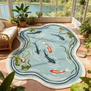 Creative Koi Pond Irregular Shape Balcony Living Room Carpet, Lotus Leaf Water Grass Fish Pattern Home Decor Bedside Plush Rug, Soft Shaggy Rug, Modern Indoor Rug