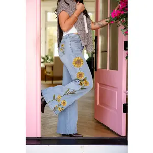 Light Wash Embroidered Sunflower Denim Jeans