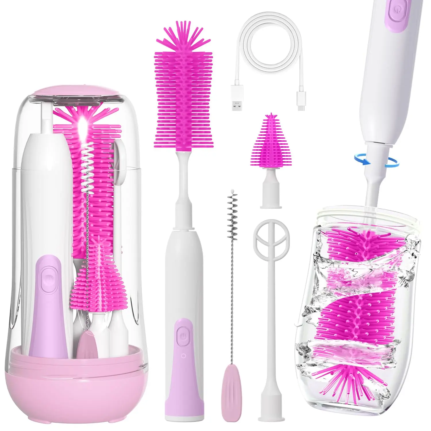 Electric Bottle Brush Set - 2 Modes & 360° Rotation, Waterproof Bless Bottle Baby Bottle Cleaner with Silicone Brushes, scrubbing Fit for tippee, dr brown sippy cup, milk spray baby, baby formula, baby sanitizer spray Smart
