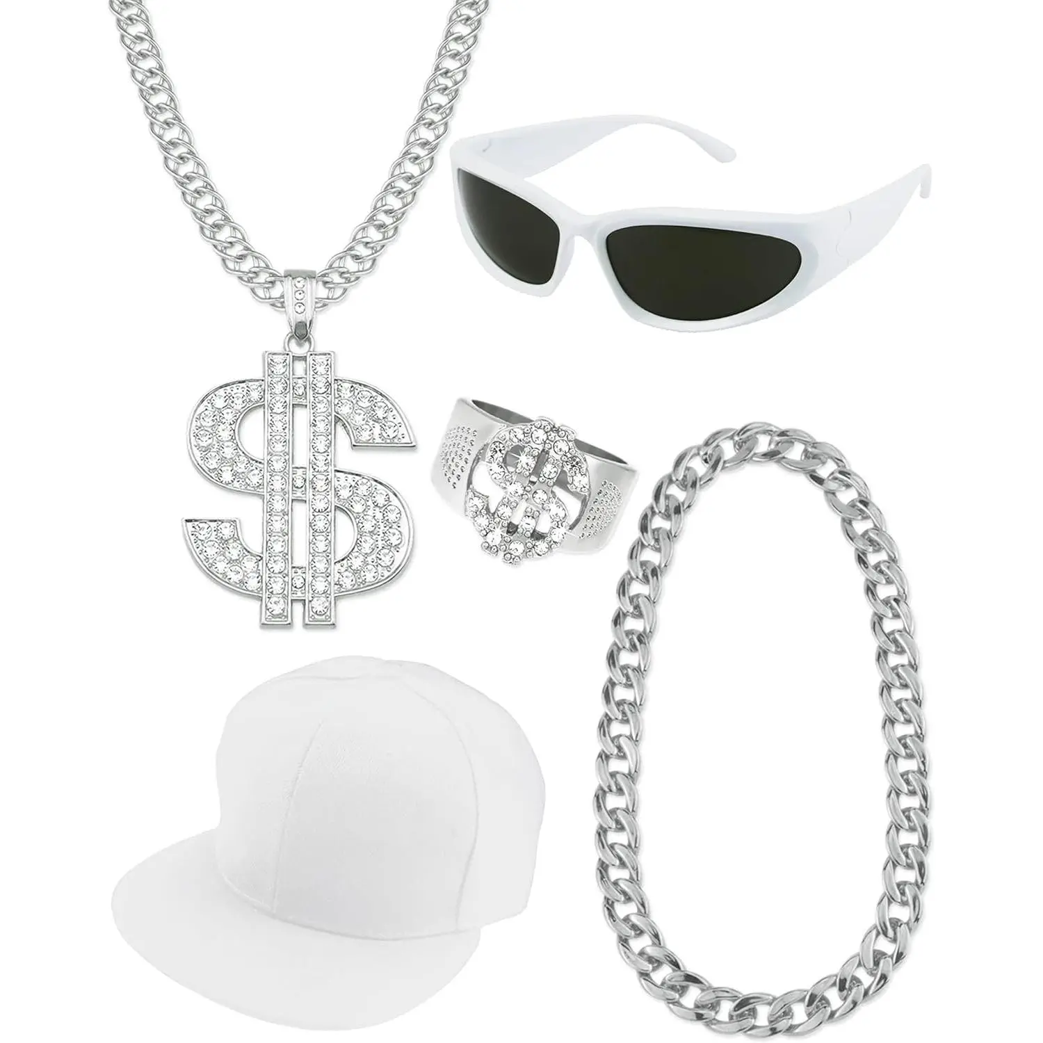 5 Pack  Hop Costume Kit Rapper Accessories 2000s 80s 90s Outfit   Chain Sunglasses Ring Hat for Rapper