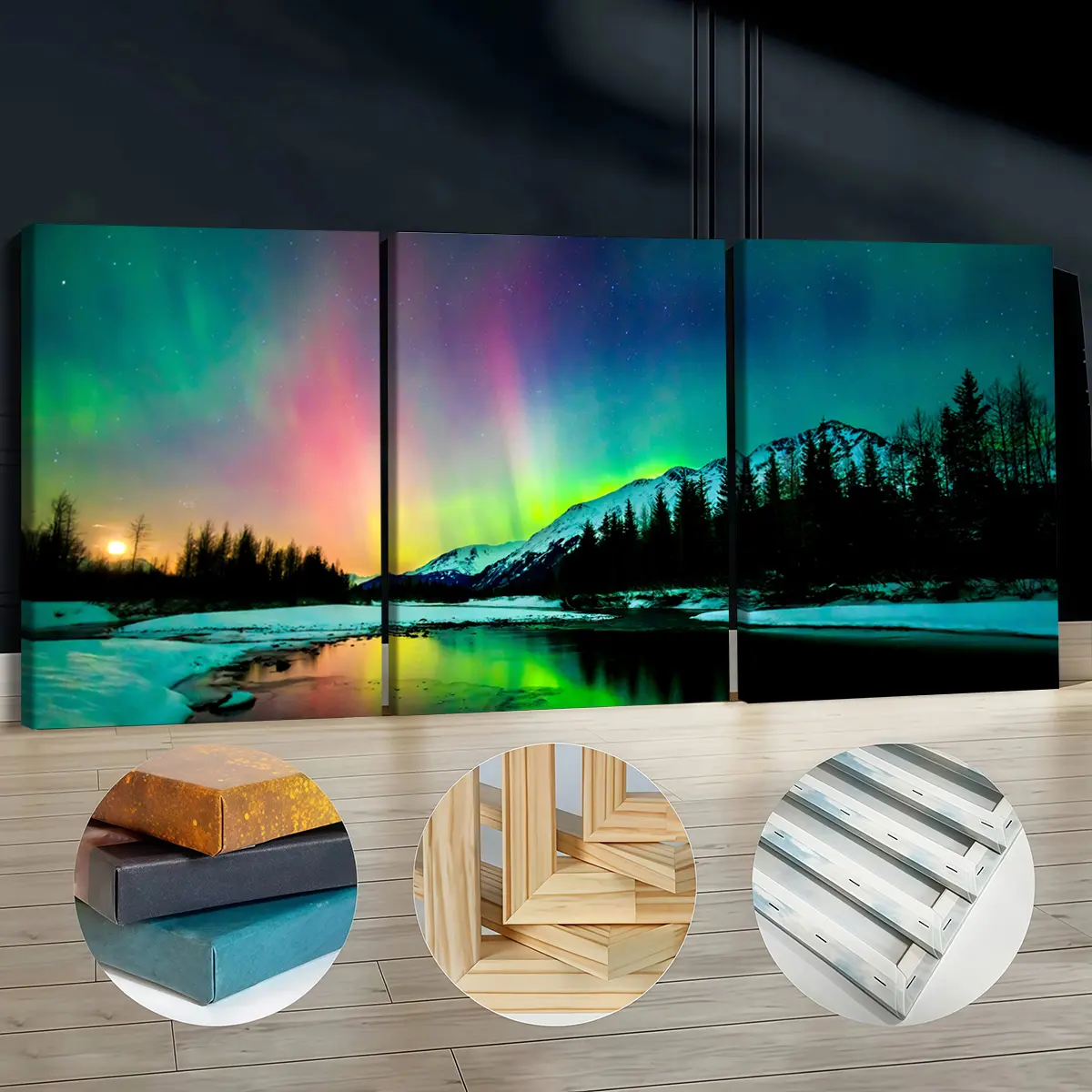 3Pcs Elegant Pine Wood-Framed Canvas Paintings - Northern Lights Landscape Wall Art, Odorless Decorative Fashion Wall Decor, 30*40cm(11.8*15.7in) for Living Room, Bedroom