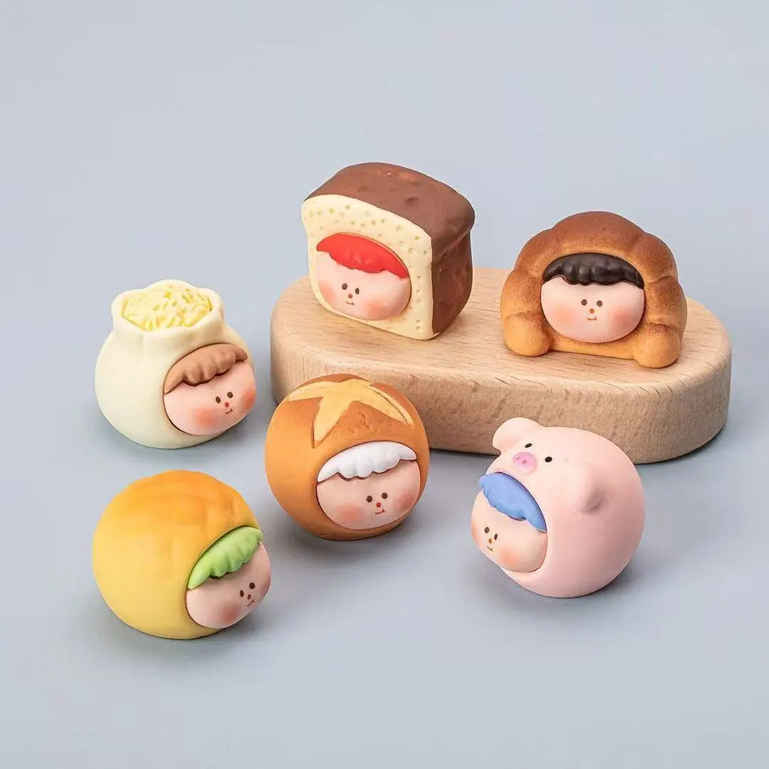 Cute Bread Shaped Doll Figurines Soft Clay Handmade Ornaments Lovely Cartoon Face Design Mini Desktop Decor Collectible Gift For Toy Lovers
