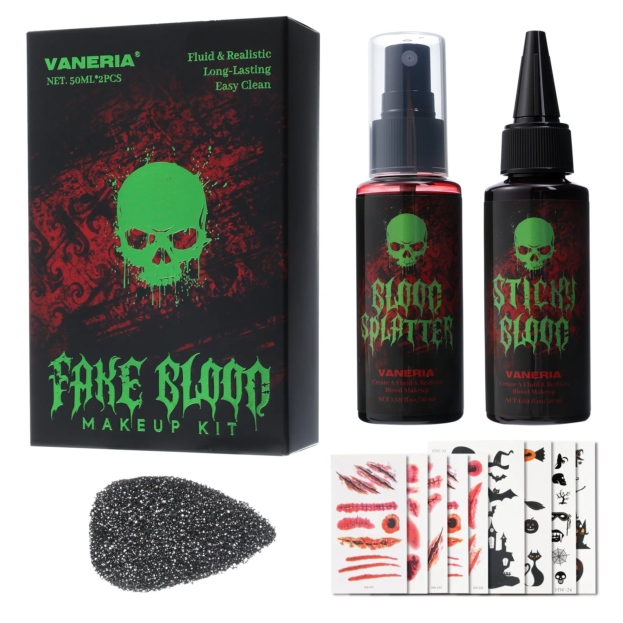 Halloween Fake Blood Makeup Kit,Realistic Washable SFX Makeup with 50ml Blood Splatter, 50ml Sticky Blood, Sponge,4 Fake Scars & 4 Fluorescent Tattoo Stickers for Zombie, Vampire Cosplay