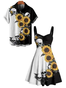 2025 Gothic Couple Outfit Women's Contrast Color Sunflower Skulls Pattern Ruched Bust Sweetheart Neck A Line Mini Dress and Men's Button Up Shirt Holiday Matching Outfit