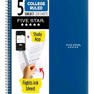 Five Star Spiral Notebook + Study App, 5 Subject, College Ruled Paper, 8-1/2" x 11", 200 Sheets, Fights Ink Bleed, Water Resistant Cover, Pacific Blue (73635)