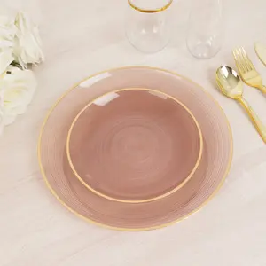 20-Pack 7" Plastic Salad Dessert Plates, Round Transparent Dusty Rose Swirl with Gold Rim – Crystal-Like Elegant Party Plates