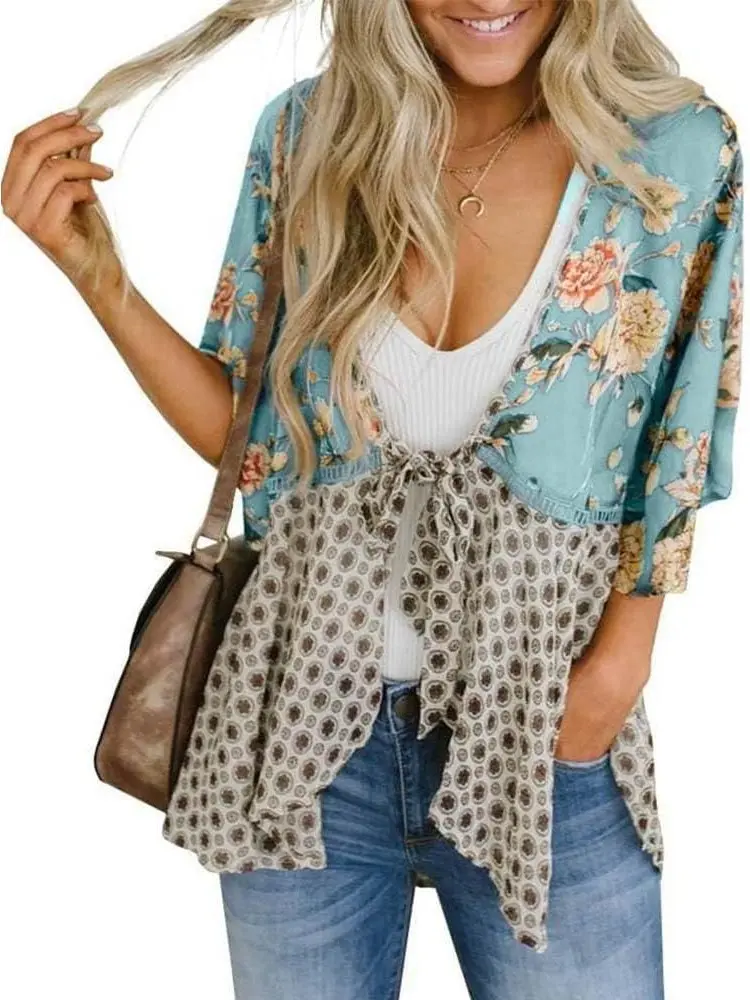 IDEALSANXUN Women's Boho Floral Patchwork Cardigan Top - 3/4 Sleeve, Tie Front, Loose Flowy, Beach Coverups, Casual Cover Up, Swimwear Coverups for Spring Summer Cottagecore Chambray Shirt with Trim