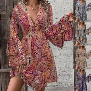 Floral Paisley V-Neck Dress with Bell Sleeves Multi-Color Print Empire Waist 89% Polyester 11% Elastane Women's Fashion All Seasons