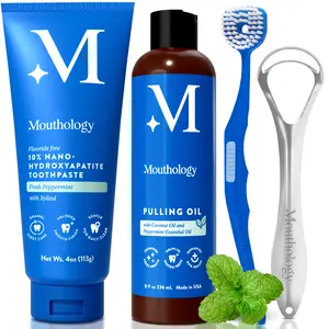 Mouthology 10% Nano Hydroxyapatite Toothpaste & Tongue Cleaner Set – Whitening, Enamel Care, Sensitive Teeth Relief, Fresh Peppermint + Coconut Oil Pulling 8oz – Whitening Coconut Mint Ayurvedic Mouthwash for Fresh Breath & Gum Health