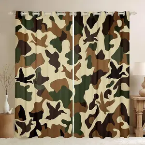 Feelyou Duck Hunter Camouflage Print Velvet Easy Install Privacy Grommet Darkening Curtains, 2-Panel Multi-Size Vintage Green Brown Rustic Army-Style Home Decoration Drapes for Bedroom, Easy Install Curtain, Home Decoration Curtain