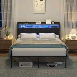 Flexpedic Full Queen Bed Frame, Ergonomic Headboard with Multi-Space Storage, Bedframe with Charging Station RGB LED Lights
