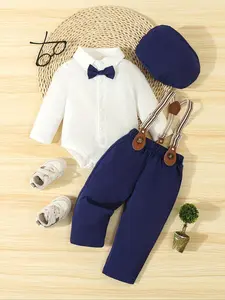 Three-Piece Set Baby Boy's Bow Decor Button Collar Bodysuit & Pocket Suspender Pants & Hat Set, Comfy Machine Washable Fashion Baby Boy Gentleman Suit for Party