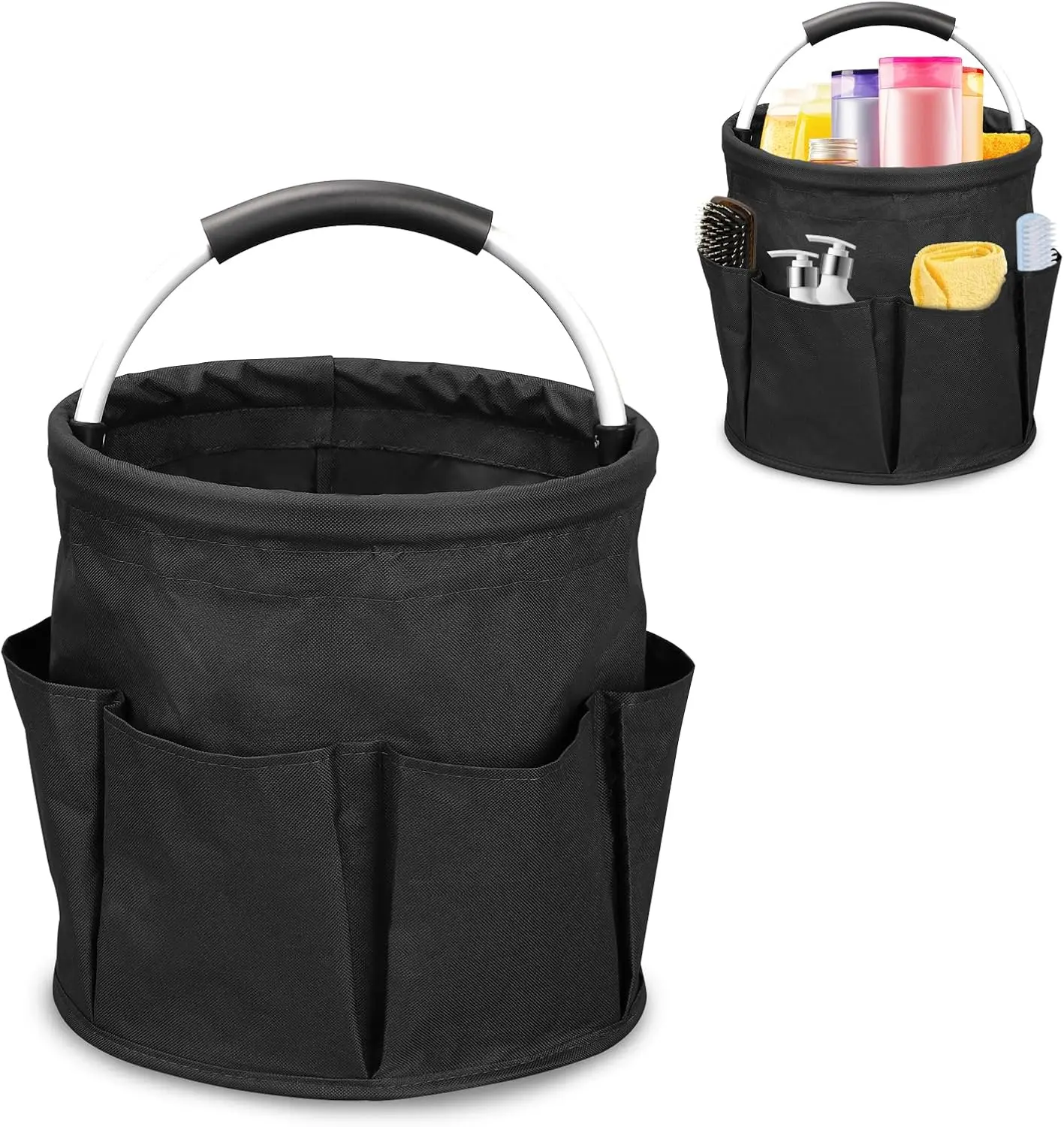 17L Foldable Cleaning Bucket Organiser with Handle & 6 Pockets, Home Supplies Storage Caddy Bag for Outdoor Camping, Home Bathroom Use (Black)