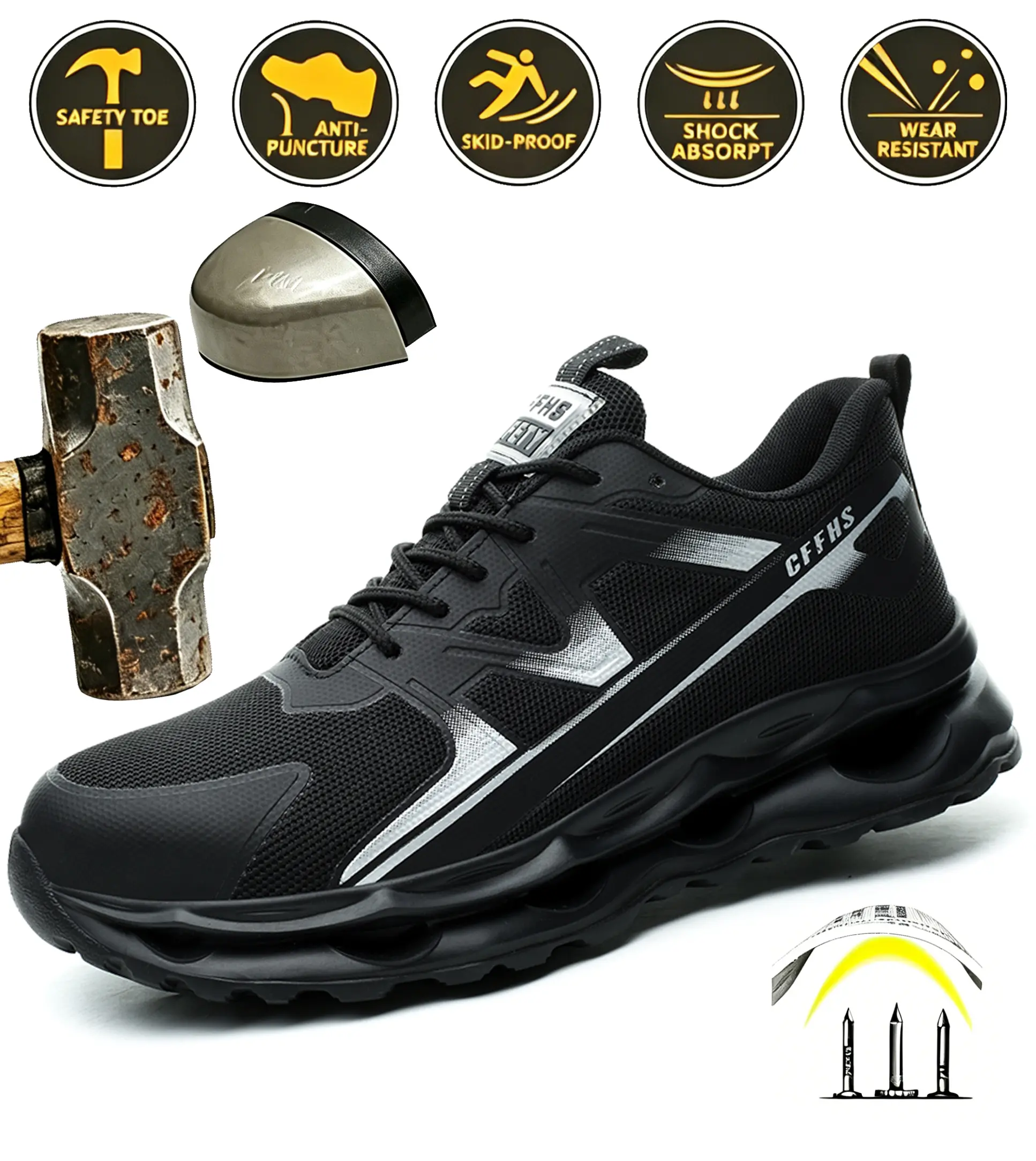 Men's Steel Toe Safety Trainers, Lightweight Breathable Anti-Injury Work & Safety Footwear, Closed-Toe Work Shoes for Workers, Fabric, Round Toe