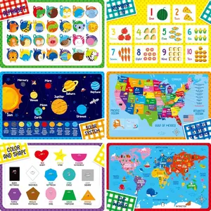 6 Pack Placemats For Kids, Non-Slip Washable, Reusable Alphabet, Number, Shape & Color, Universe, Map Themed Educational Placemats For Home, Kindergarten, Classroom, Nursery