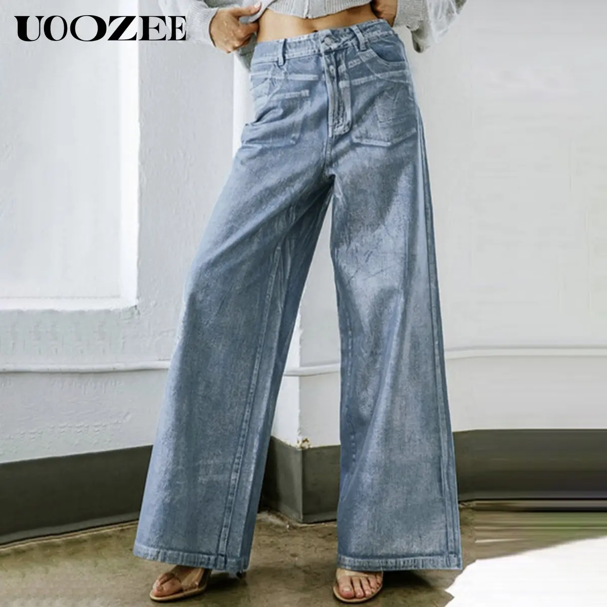 UOOZEE Women's High Waisted Metallic Silver Foil Coated Wide Leg Jeans - Cotton, Lightweight, Breathable, Reflective, Pocketed Streetwear Straight Leg Long Washed Urban Stiff Trousers (Sizing Runs Small; Check Size Guide or Order Larger), Straight Leg Jea